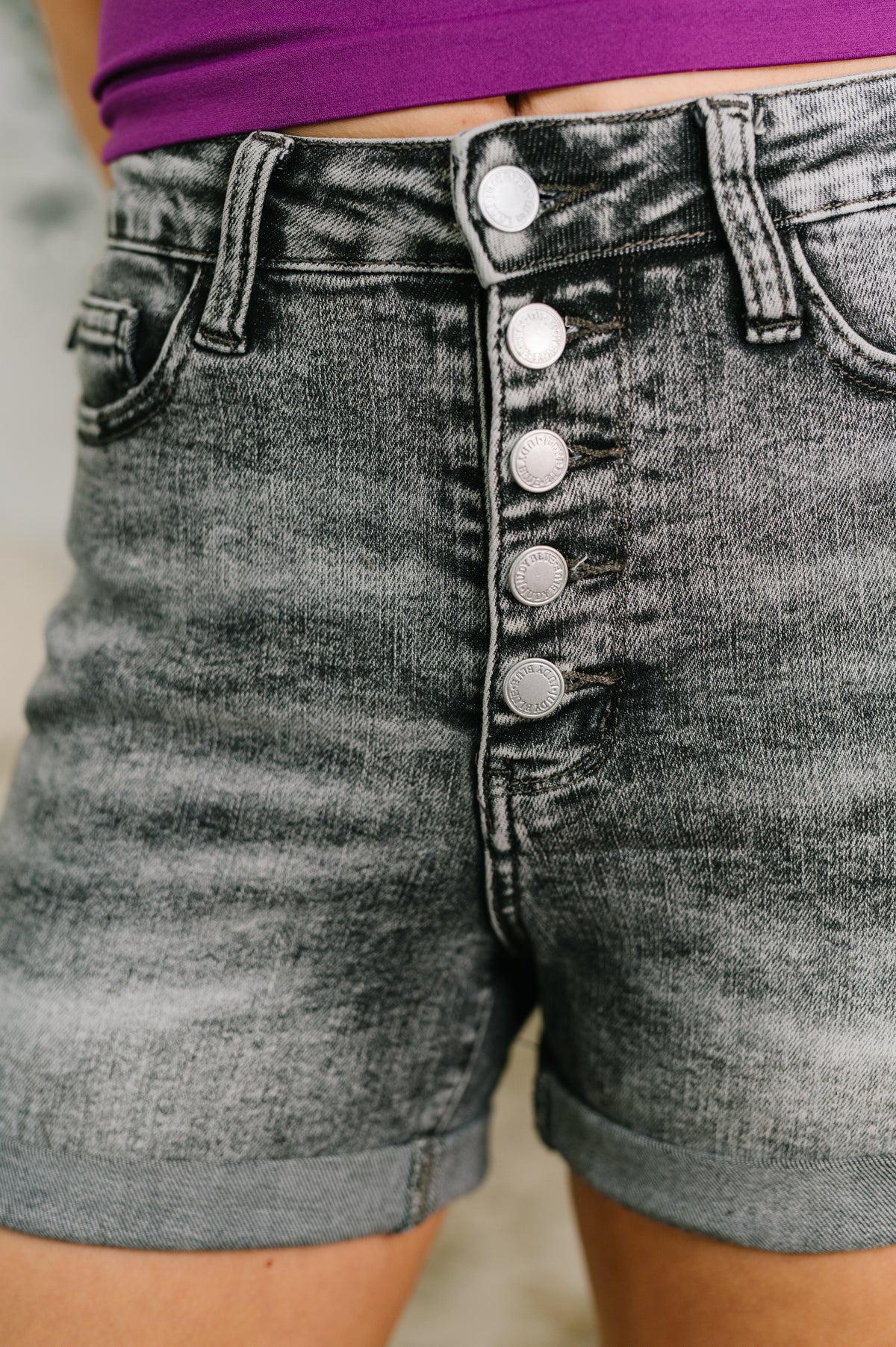 Greyson High Rise Button Fly Cuffed Shorts in Grey - 5/11/2026