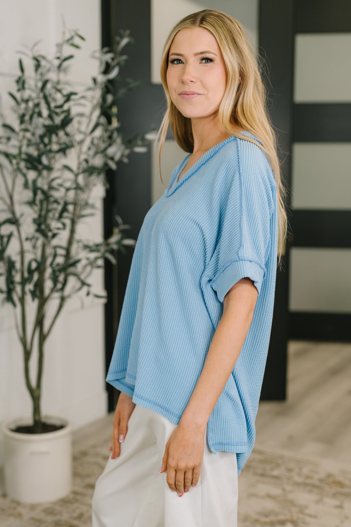 Growing Restless V-Neck Tee in Spring Blue - 4/8/2026
