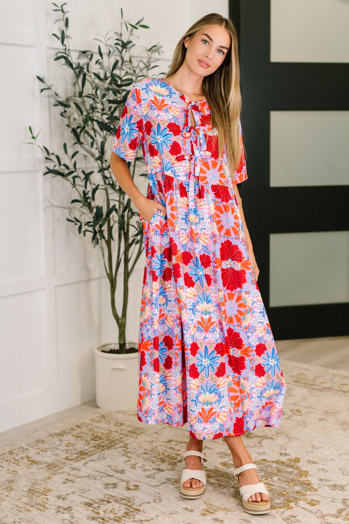 PREORDER: Half Sleeve Poplin Woven Dress in Pink and Blue Floral - Ships in 4 weeks