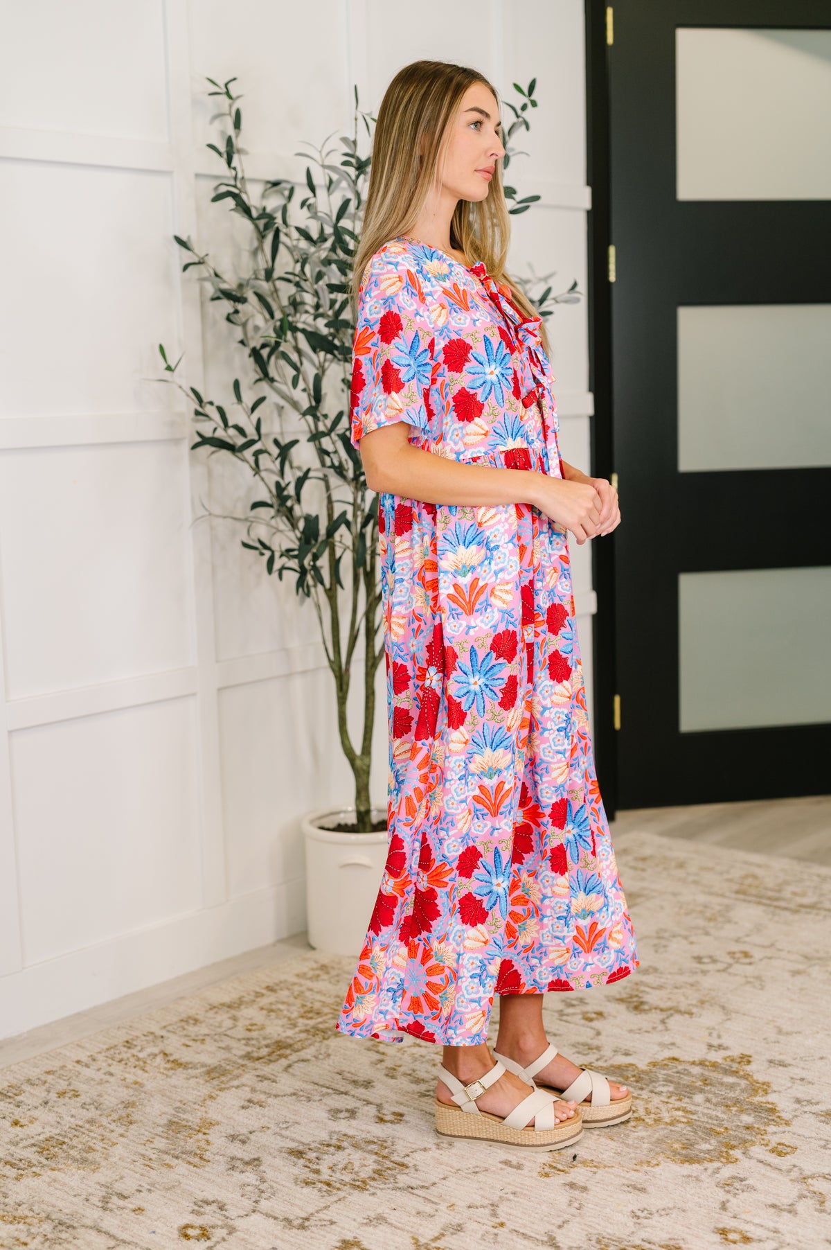 PREORDER: Half Sleeve Poplin Woven Dress in Pink and Blue Floral - Ships in 4 weeks