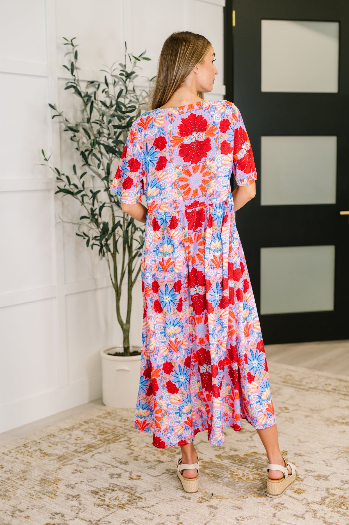 PREORDER: Half Sleeve Poplin Woven Dress in Pink and Blue Floral - Ships in 4 weeks