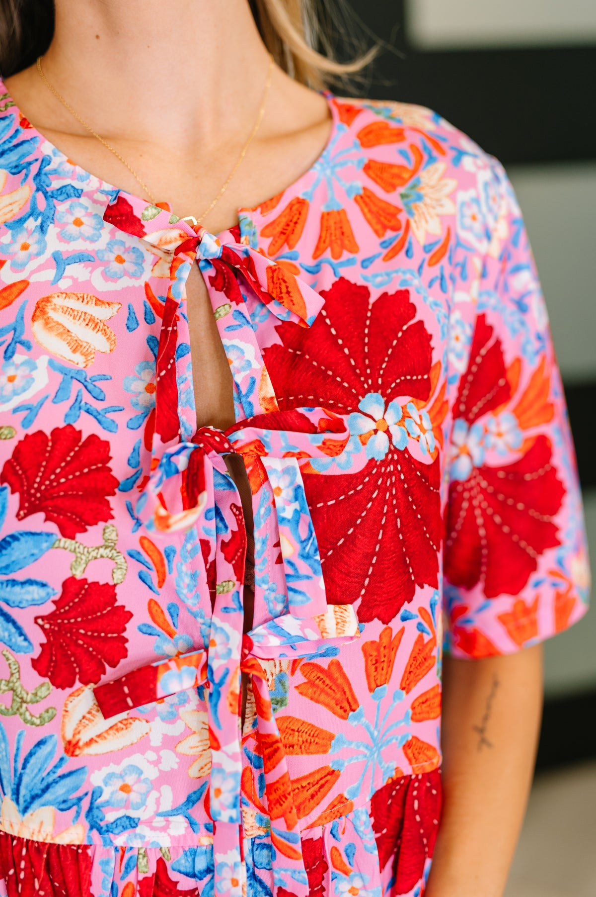 PREORDER: Half Sleeve Poplin Woven Dress in Pink and Blue Floral - Ships in 4 weeks