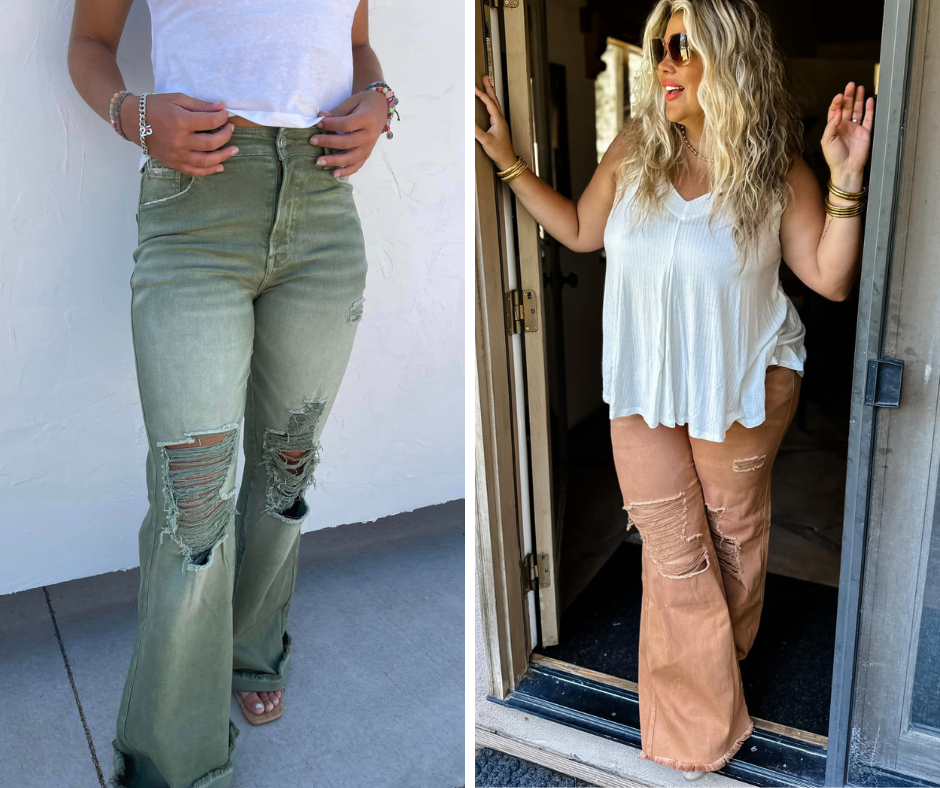 PREORDER: Blakeley Distressed Jeans In Olive and Camel Short inseam