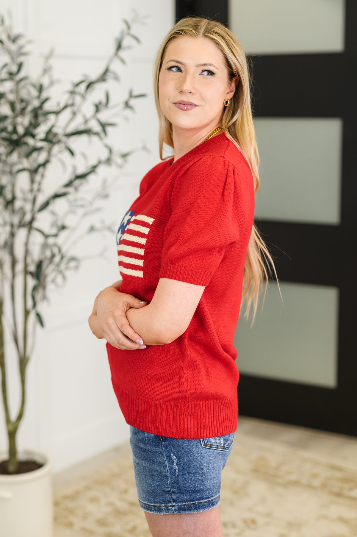 Hand Over Heart Graphic Knit Top in Red - 5/30/2025