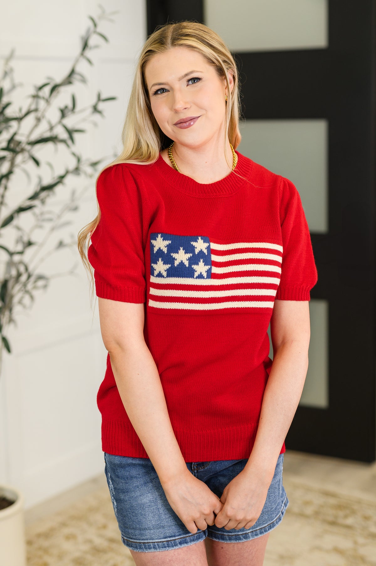 Hand Over Heart Graphic Knit Top in Red - 5/30/2025