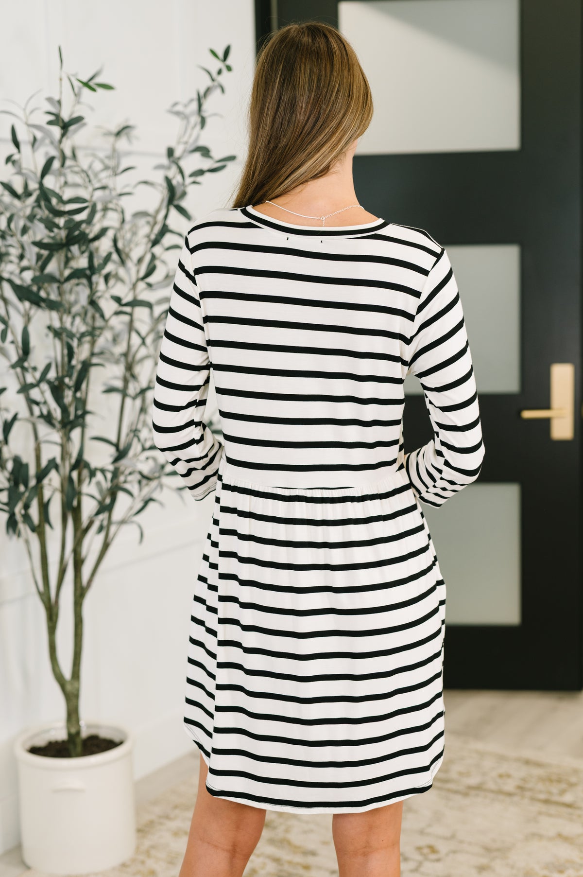 Haute Mess Scooped Hem Casual Dress in Black and White Striped - 7/25/2025 NEW
