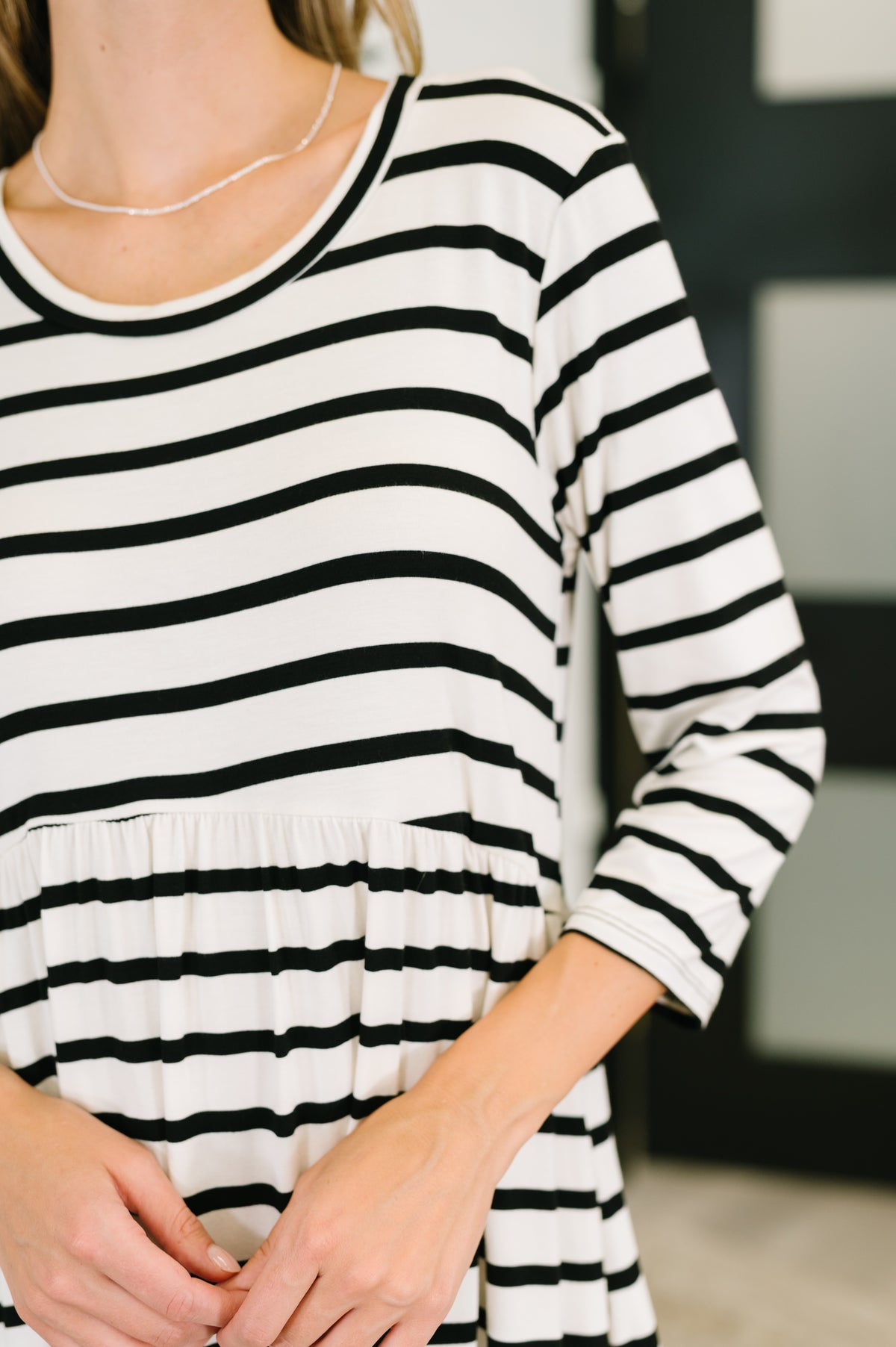 Haute Mess Scooped Hem Casual Dress in Black and White Striped - 7/25/2025 NEW