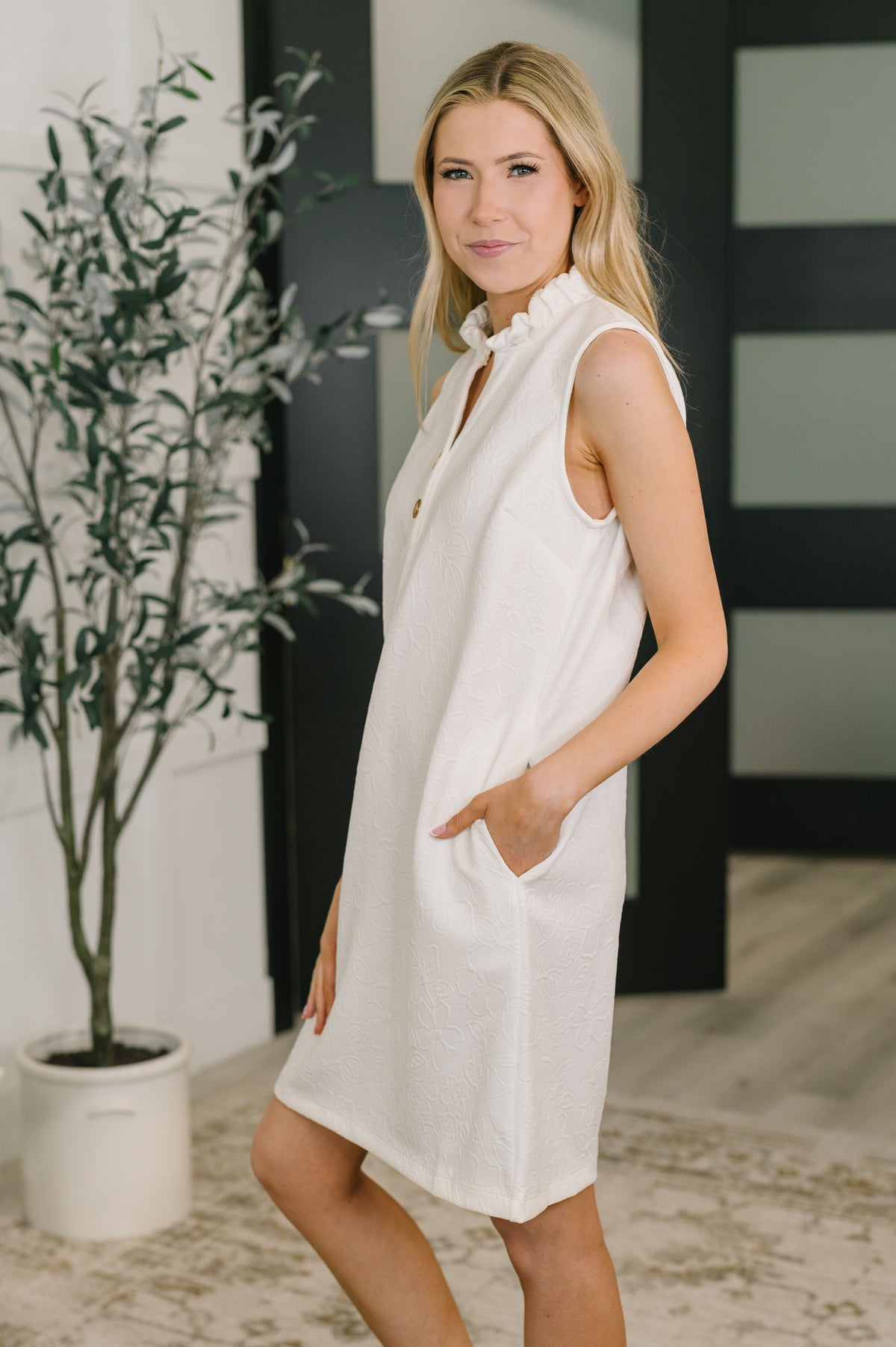 High Tide High Neck Embossed Sleeveless Dress in Off White - 3/31/2026