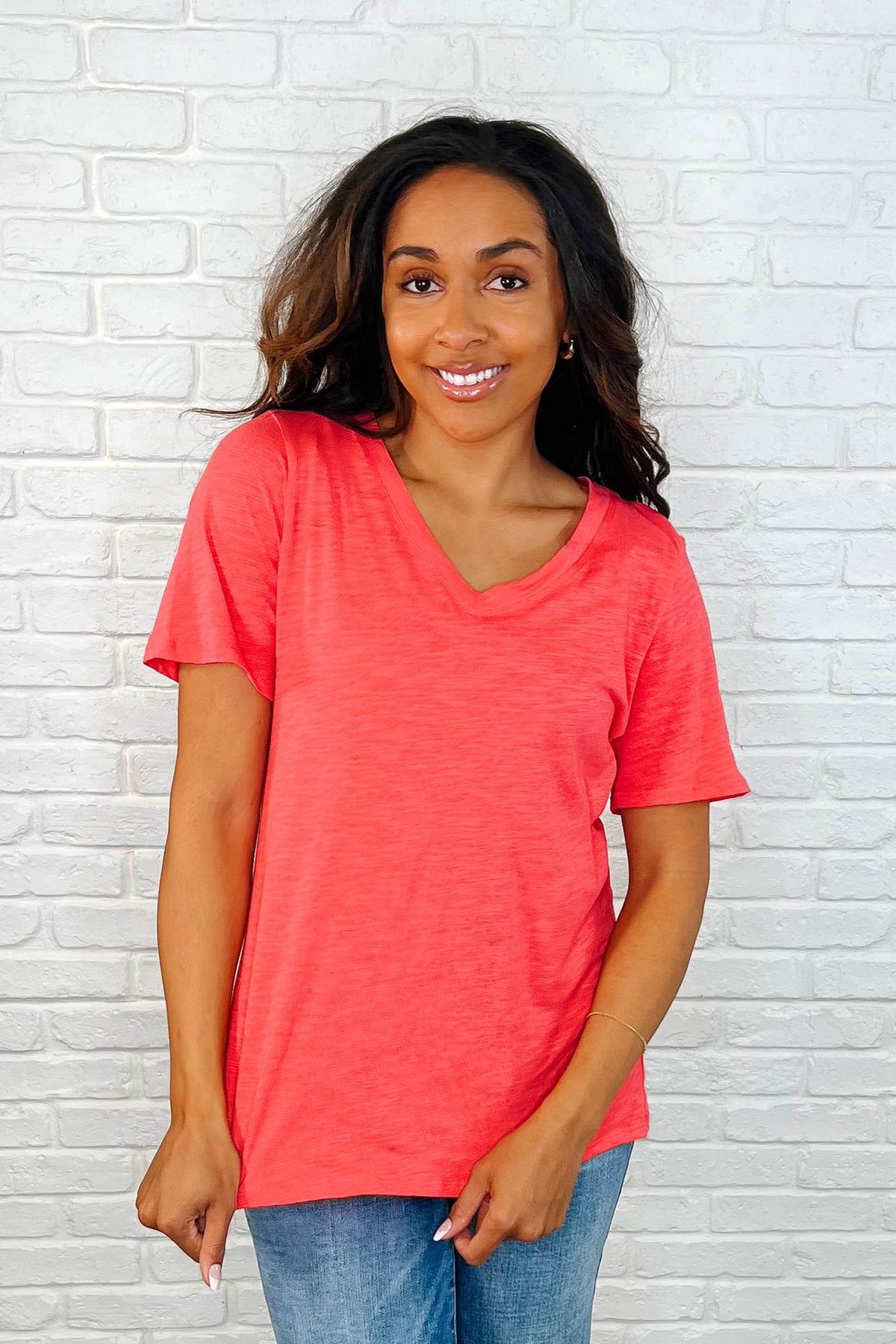 I Don't Have to Choose V-Neck Tee in Hot Coral - 3/18/2025