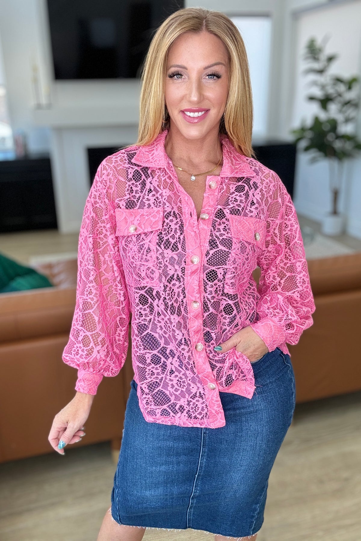 Stick Together Lace Button Up in Pink Cosmos - 6/26/2024
