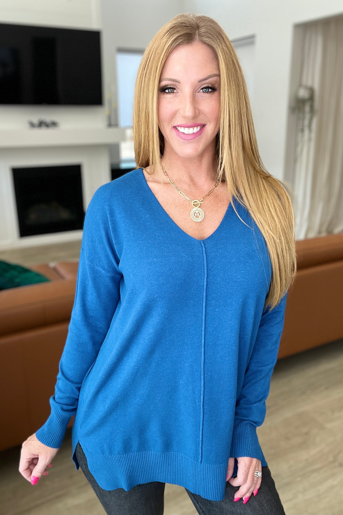 V-Neck Front Seam Sweater in Heather Classic Blue - 11/15/2023