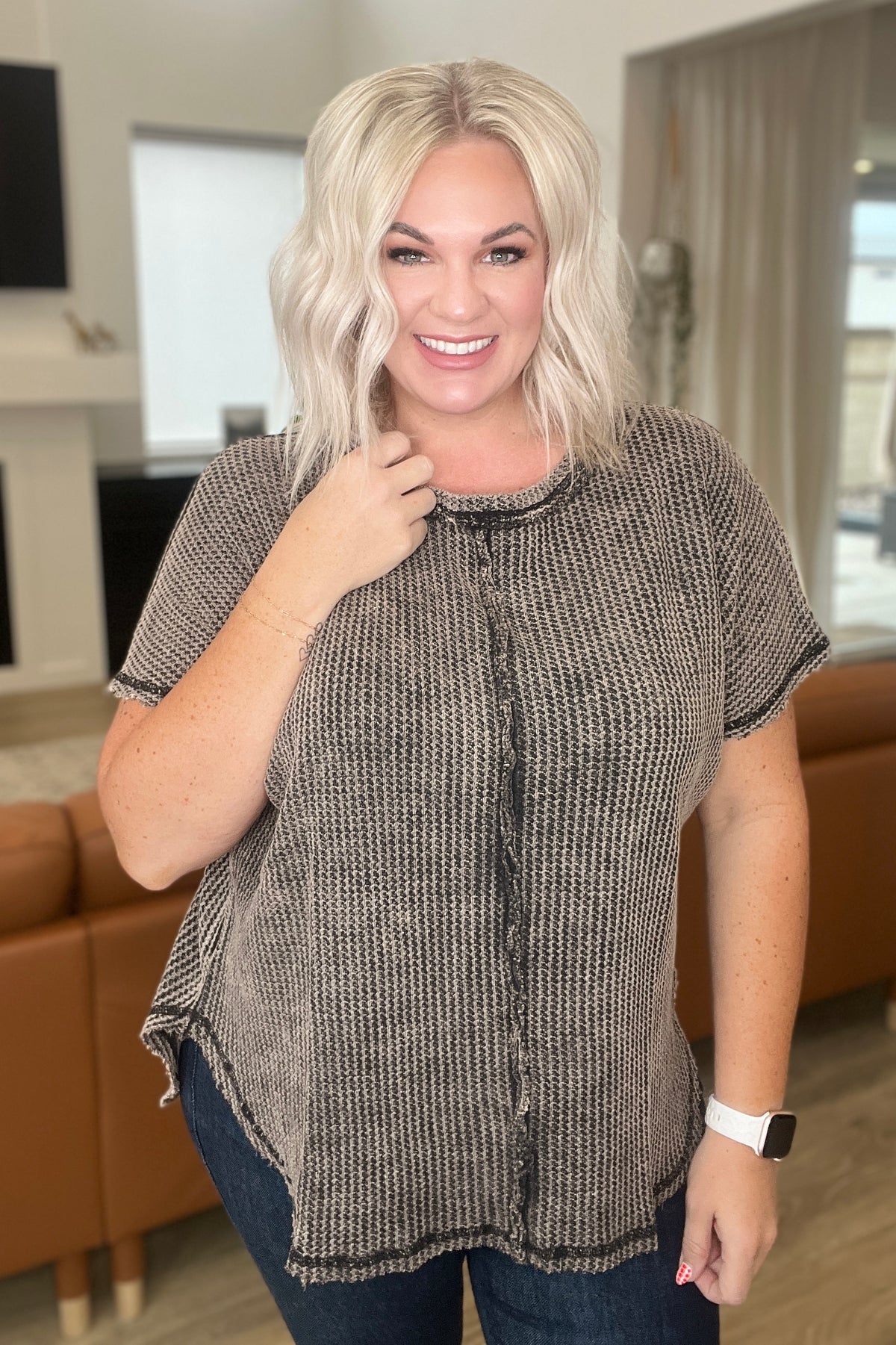 A Wink And A Smile Waffle Knit Top in Ash Black - 8/16/2023