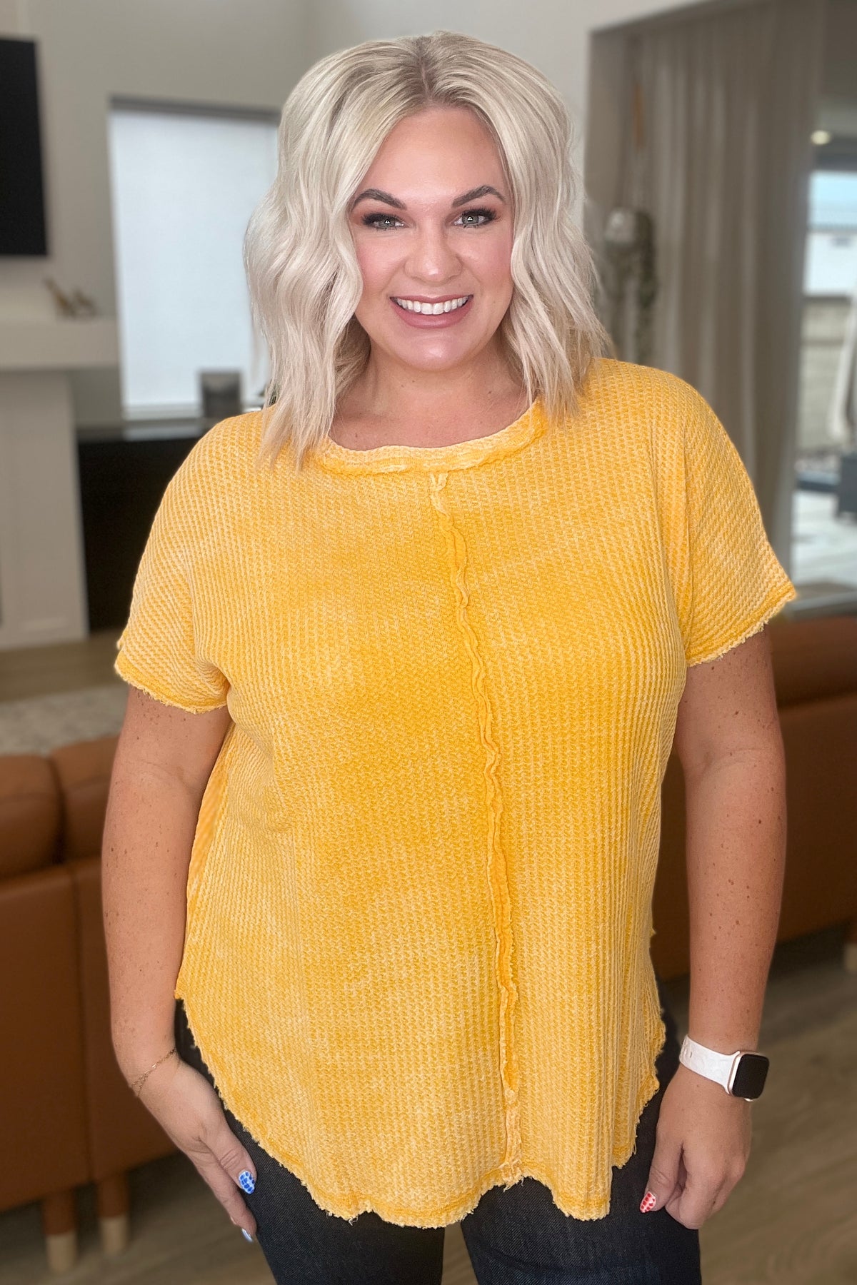 A Wink And A Smile Waffle Knit Top in Yellow Gold - 8/16/2023