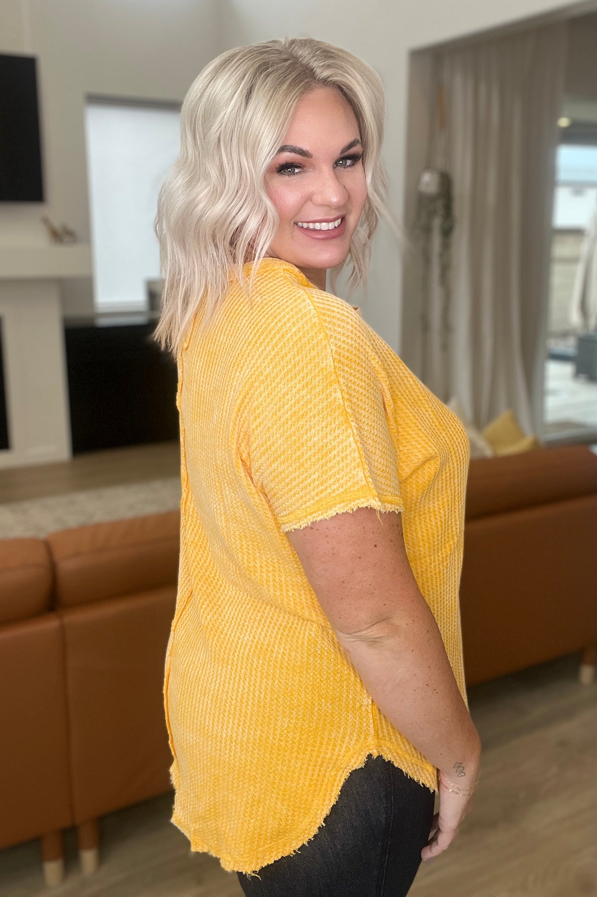 A Wink And A Smile Waffle Knit Top in Yellow Gold - 8/16/2023