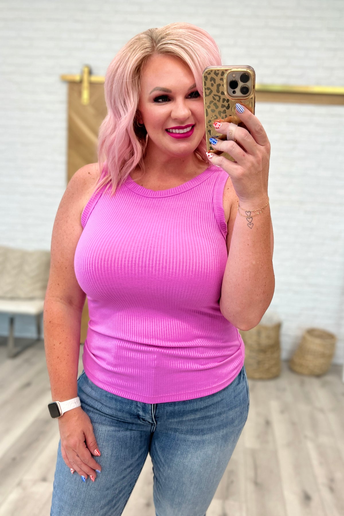 Ribbed Scoop Tank Top in Bright Mauve - 8/2/2023