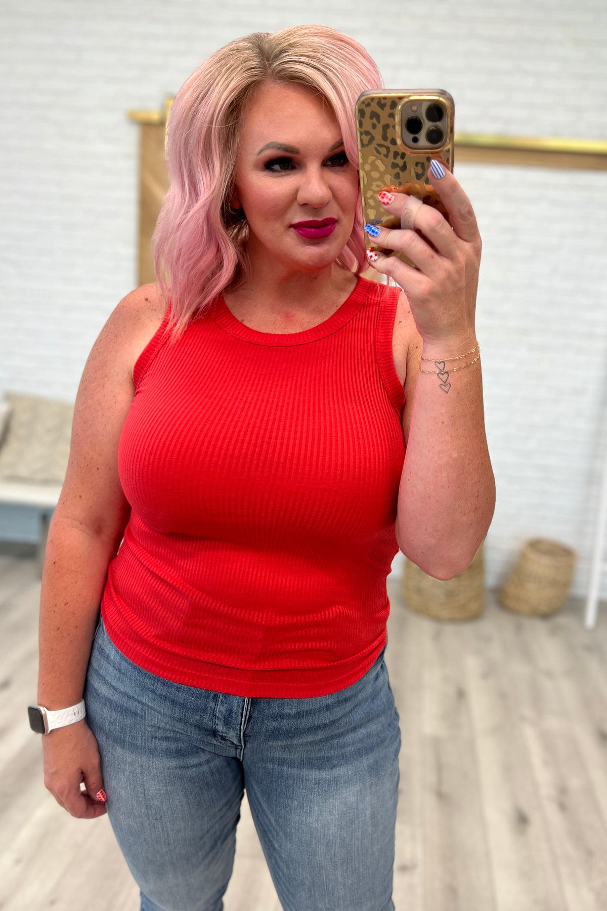 Ribbed Scoop Tank Top in Light Red - 8/2/2023