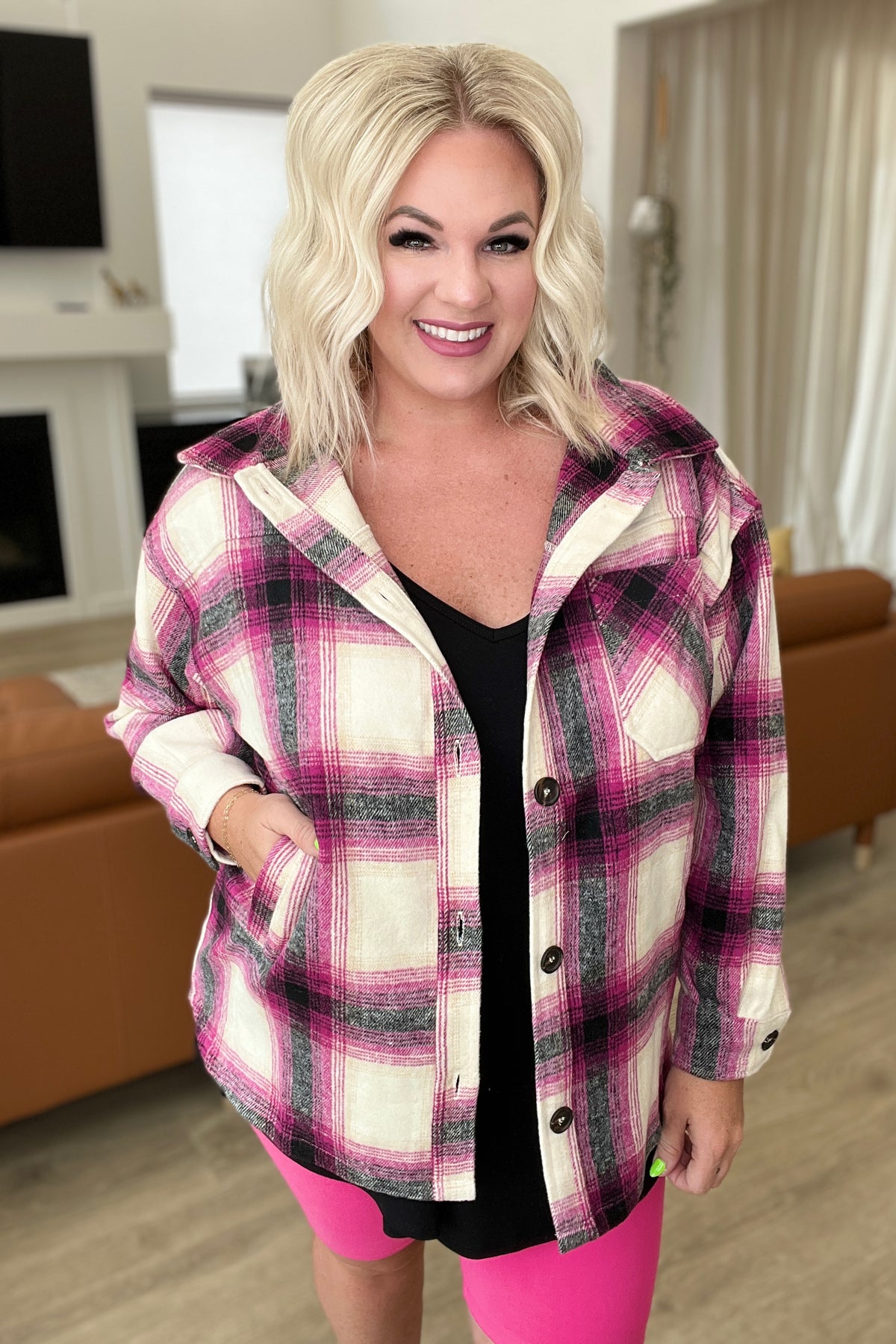 Oversized Longline Plaid Shacket in Magenta - 8/30/2023