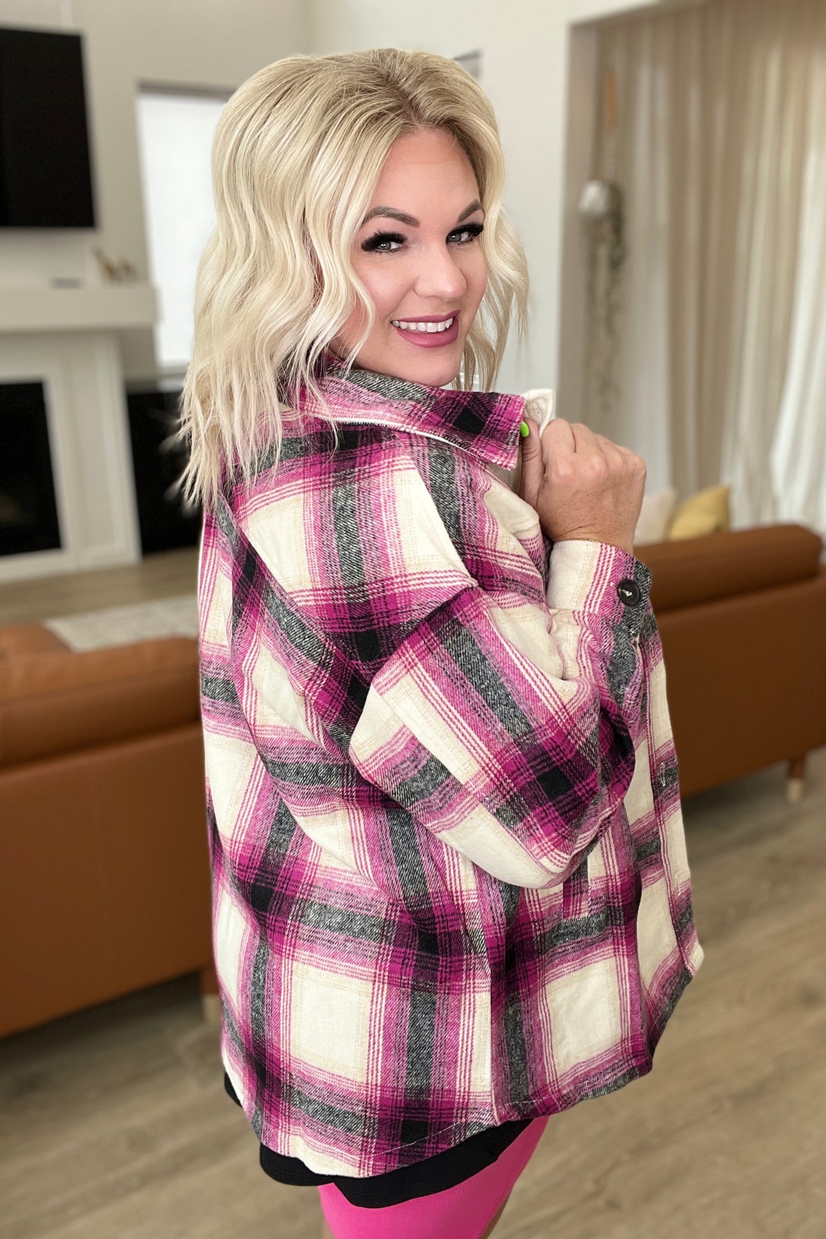 Oversized Longline Plaid Shacket in Magenta - 8/30/2023