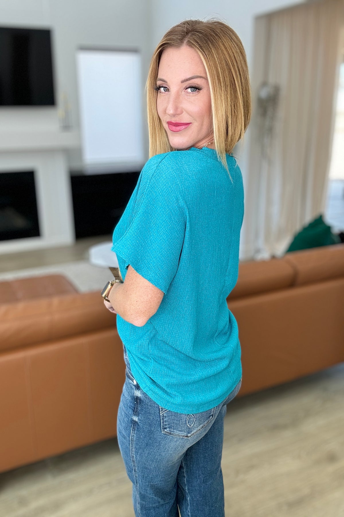 Trial and Error Textured V-Neck Blouse in Teal - 5/22/2024