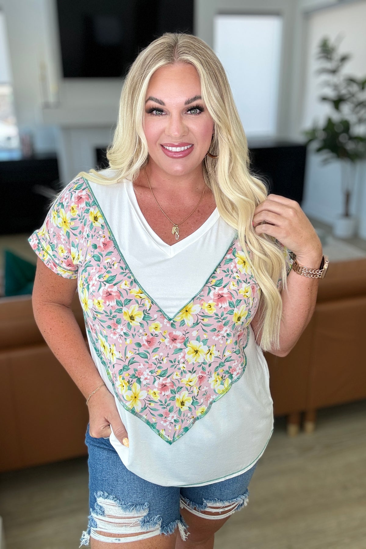 To Rock a Rhyme Color Block Top in Pink Floral - 6/25/2024