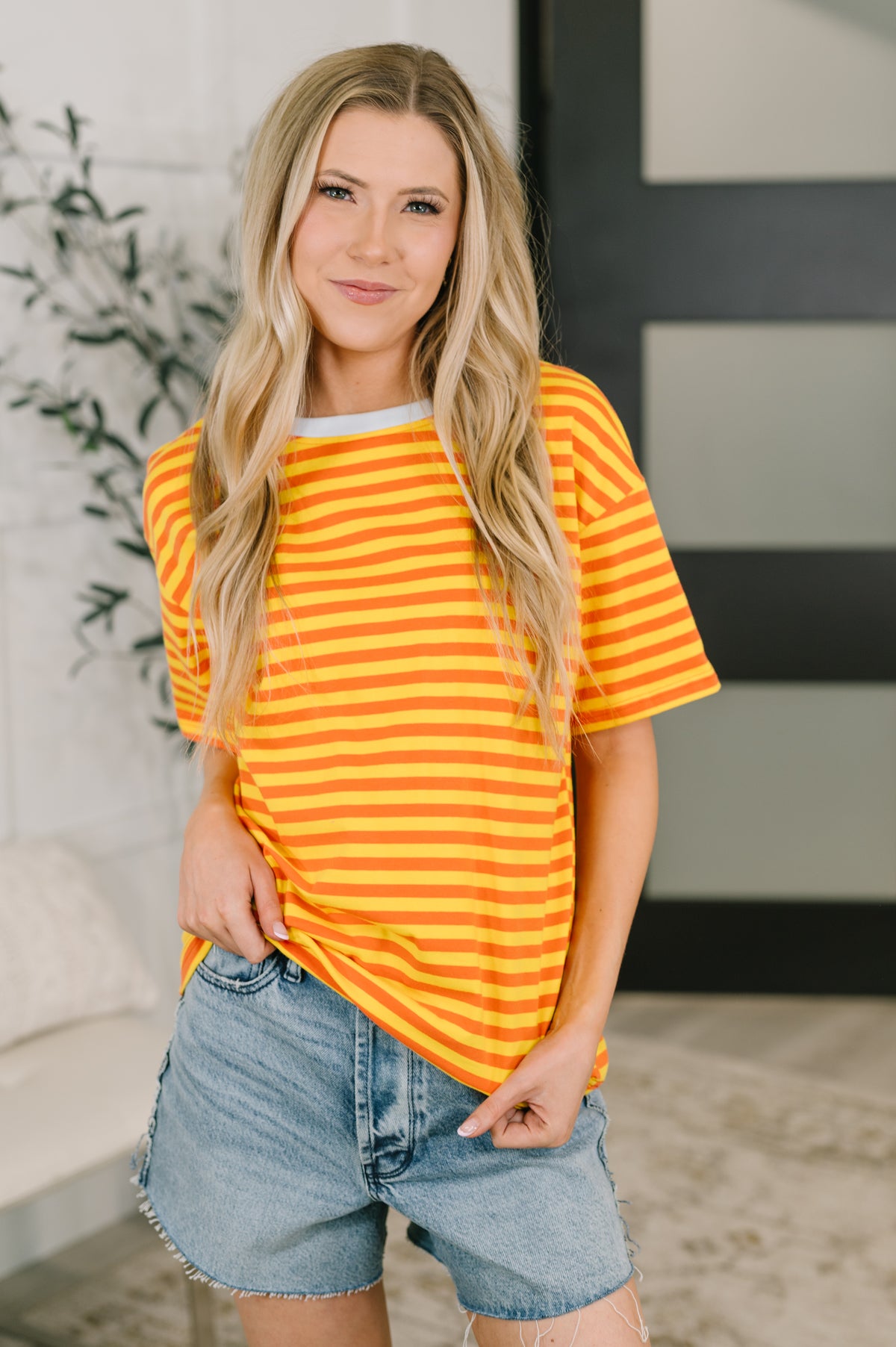 I Think I'm in Love Round Neck Loose Tee in Orange and Yellow - 6/19/2026