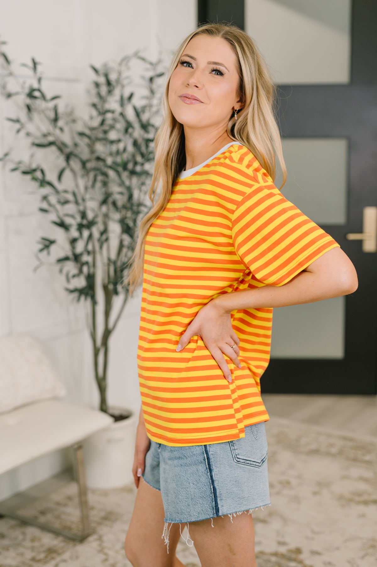 I Think I'm in Love Round Neck Loose Tee in Orange and Yellow - 6/19/2026