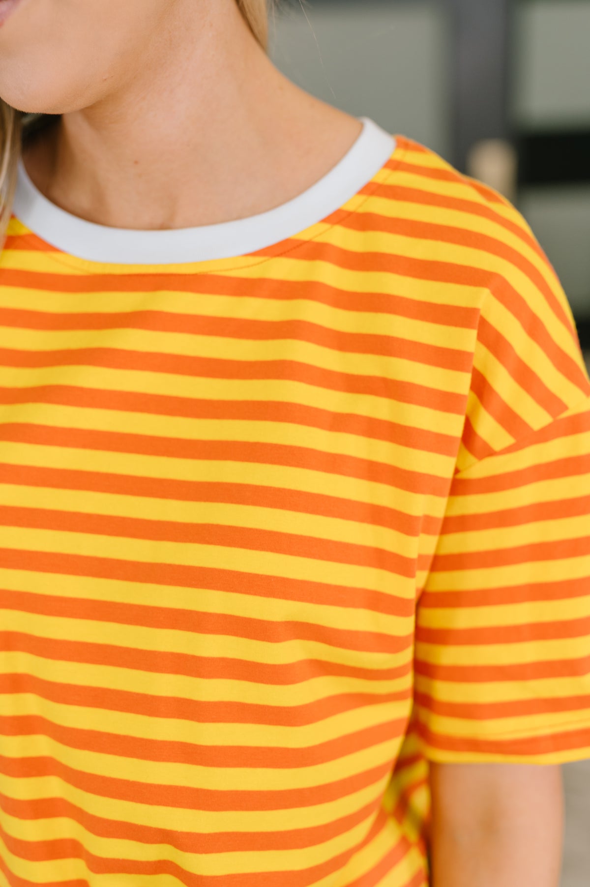 I Think I'm in Love Round Neck Loose Tee in Orange and Yellow - 6/19/2026
