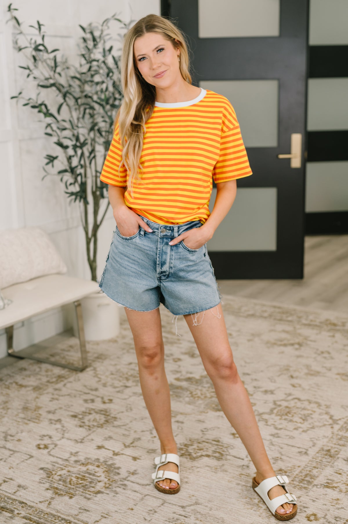 I Think I'm in Love Round Neck Loose Tee in Orange and Yellow - 6/19/2026