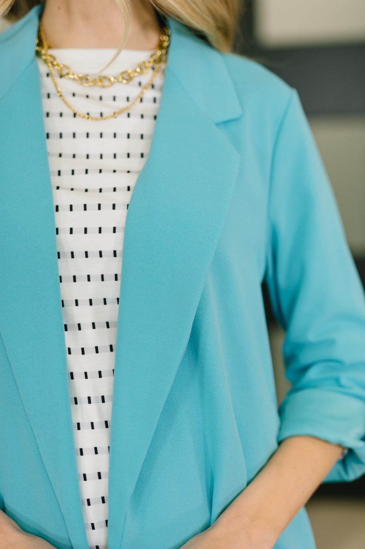 I'm Really That Gal Open Front Blazer in Aqua - 3/2/2026