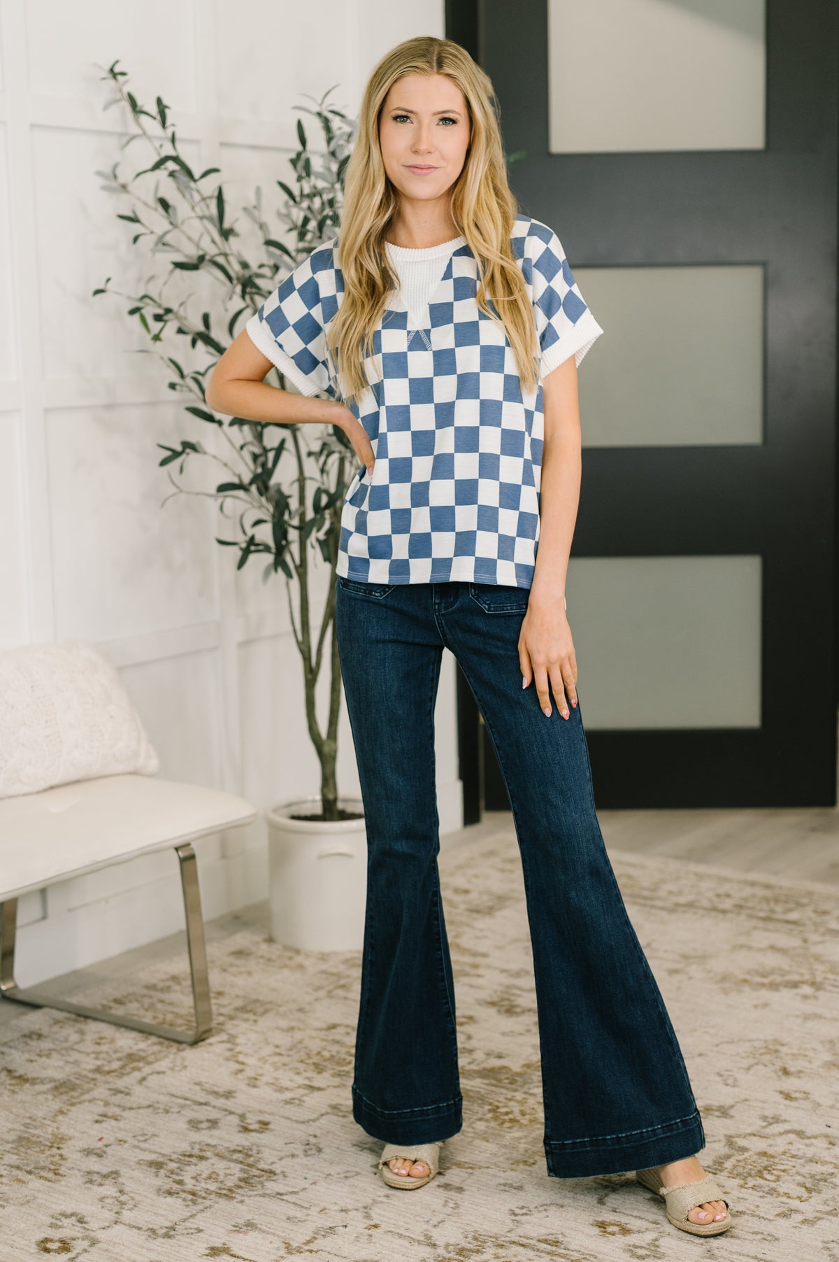 I've Been Everywhere Crew Neck Checkered Top in Blue - 4/10/2026 NEW