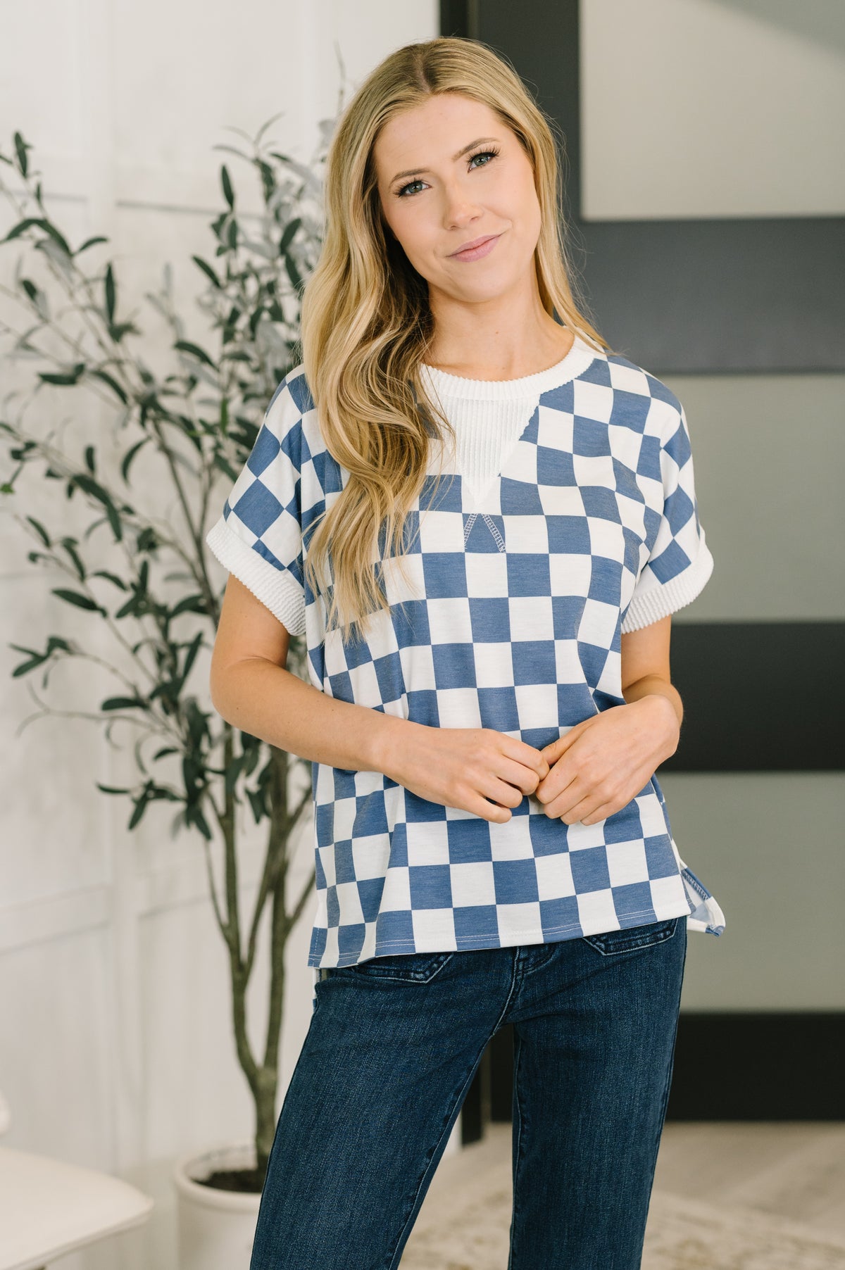 I've Been Everywhere Crew Neck Checkered Top in Blue - 4/10/2026 NEW