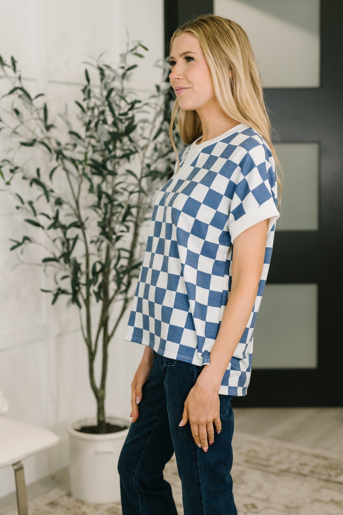 I've Been Everywhere Crew Neck Checkered Top in Blue - 4/10/2026 NEW