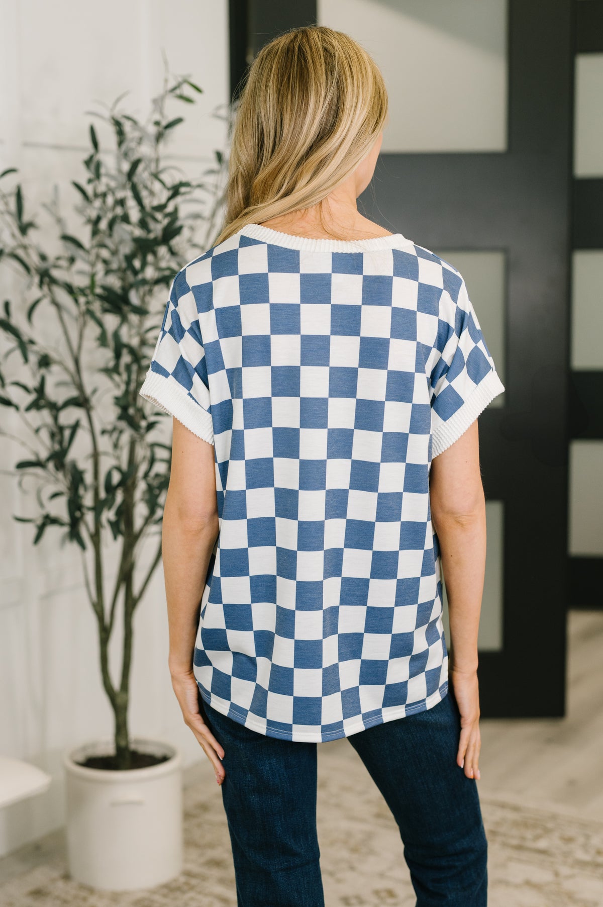 I've Been Everywhere Crew Neck Checkered Top in Blue - 4/10/2026 NEW