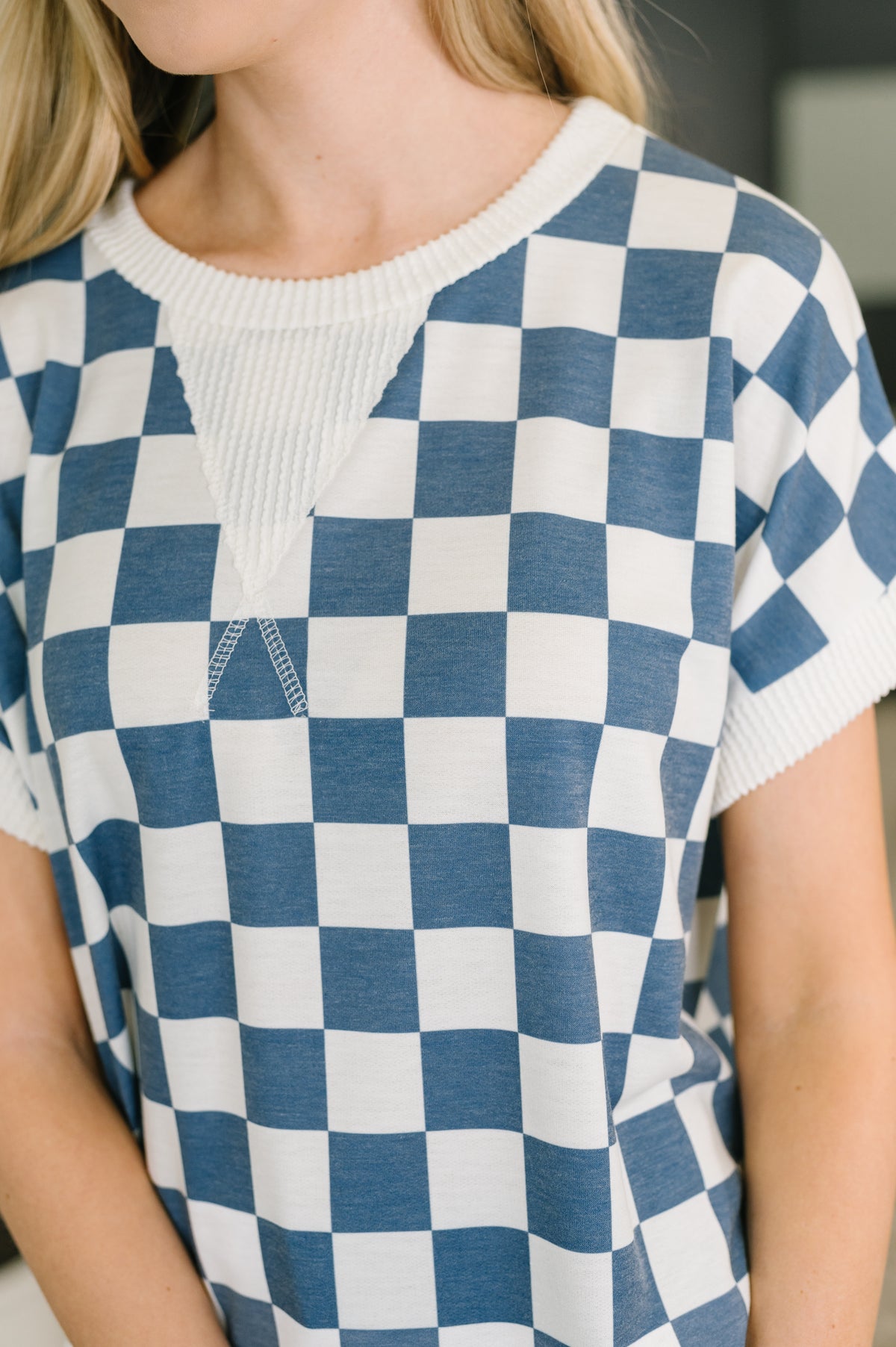 I've Been Everywhere Crew Neck Checkered Top in Blue - 4/10/2026 NEW