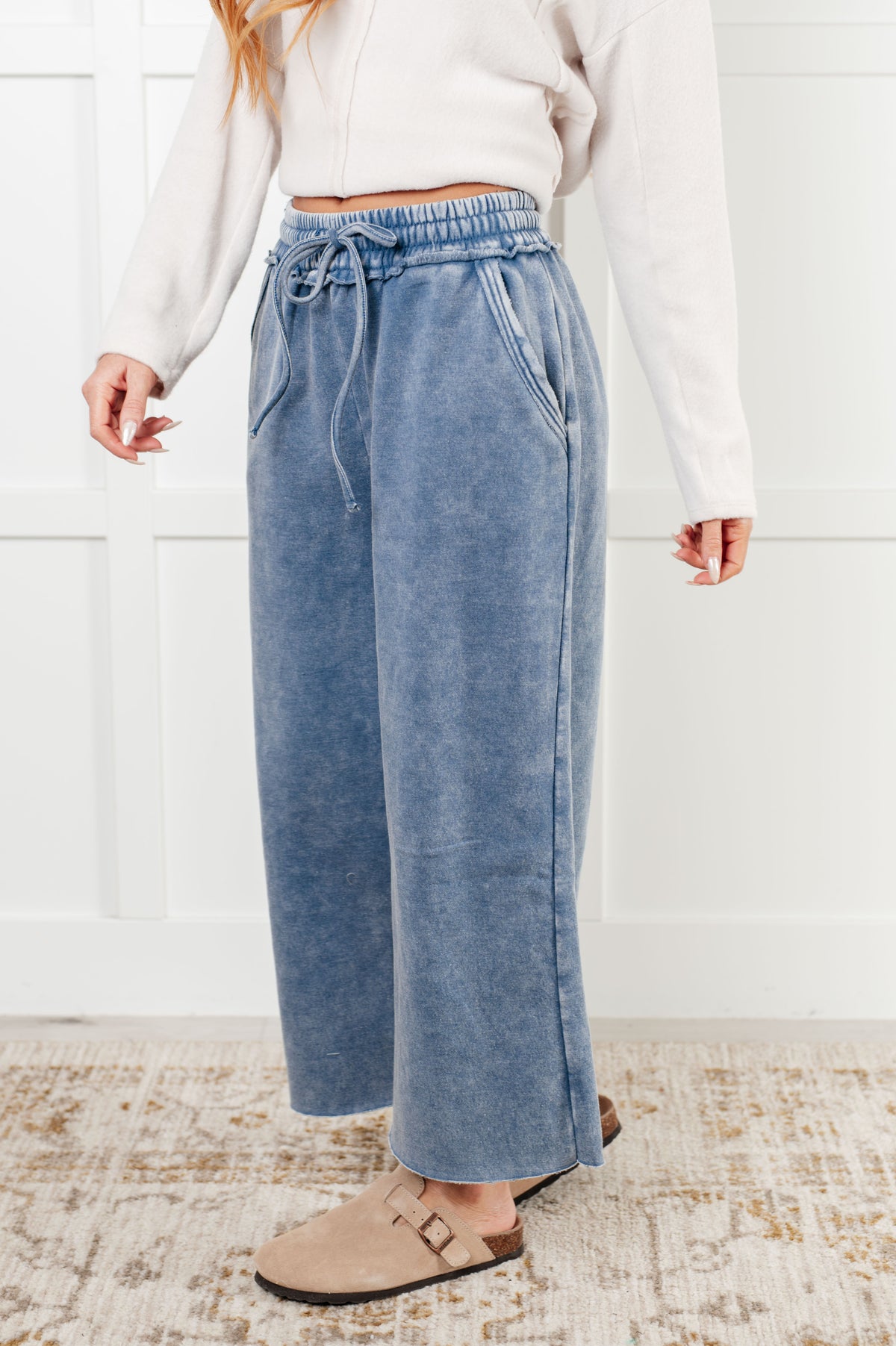 In or Out Wide Leg Cropped Pants in Dusty Blue - 12/18/2024