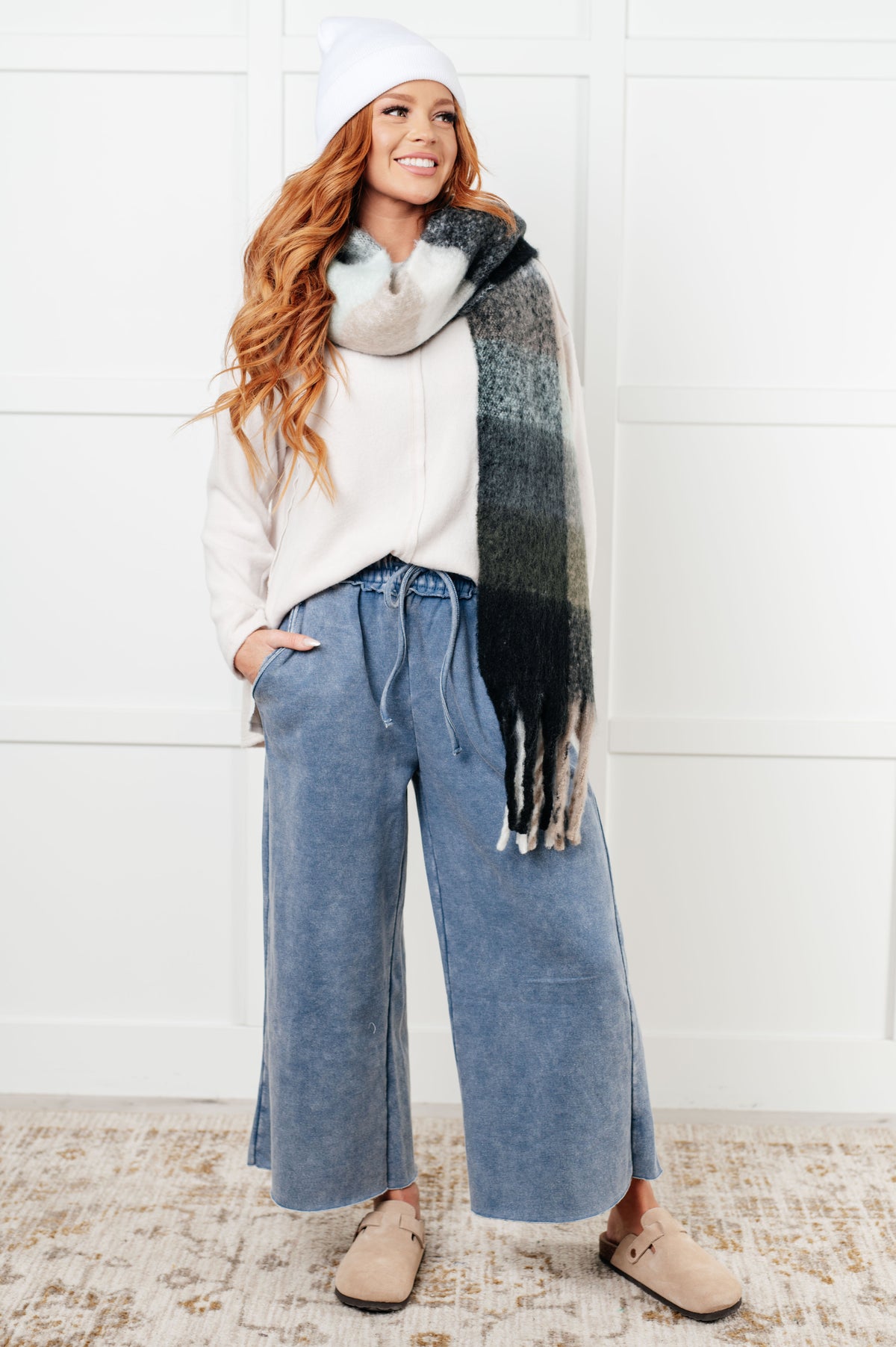 Wanderlust Wrap Oversized Plaid Fringe Scarf in Grey and Jade - 12/9/2024