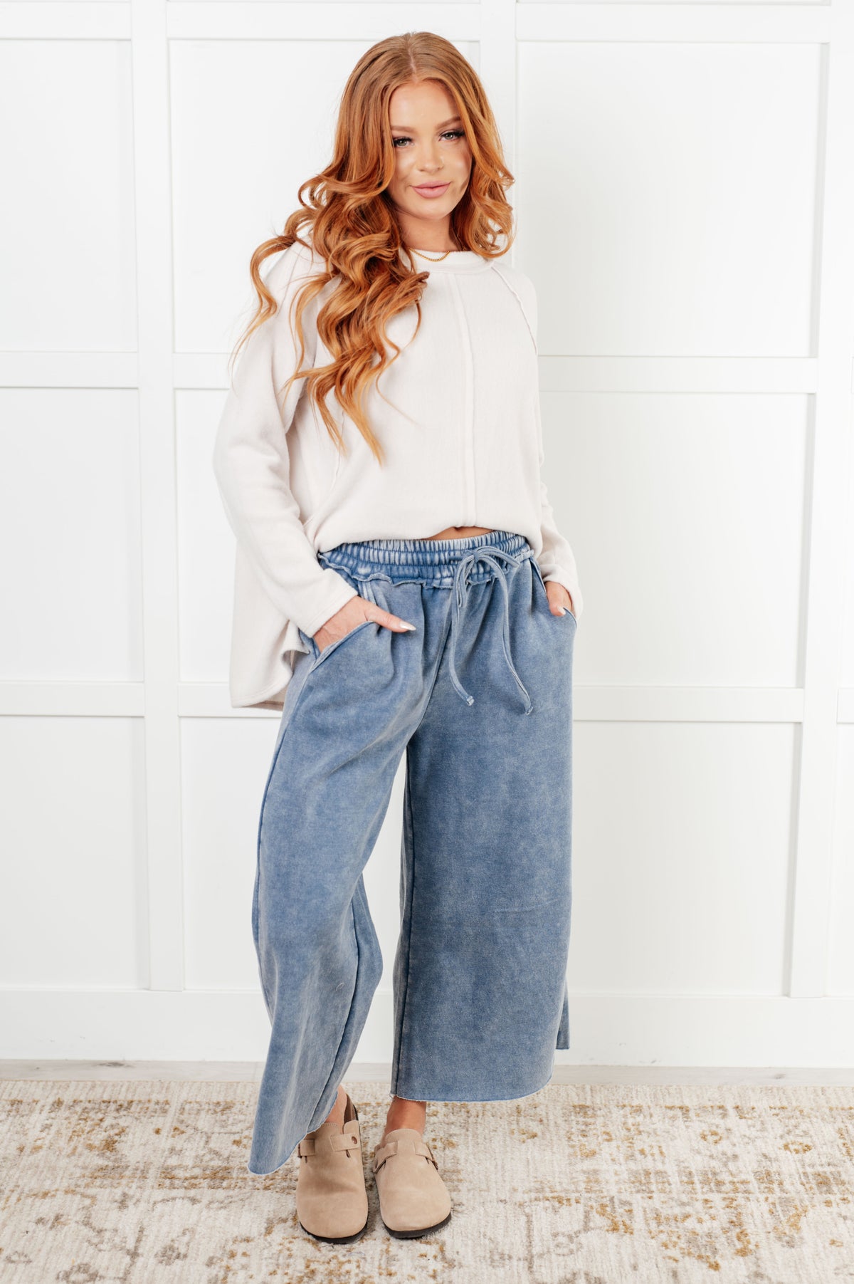 In or Out Wide Leg Cropped Pants in Dusty Blue - 12/18/2024