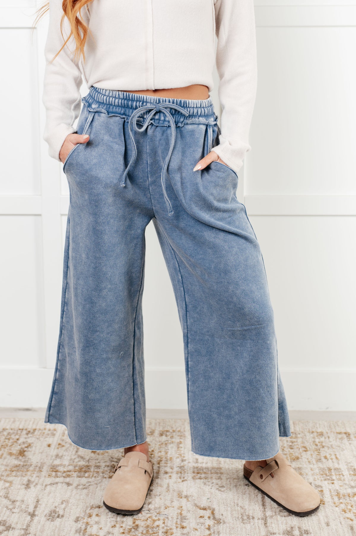 In or Out Wide Leg Cropped Pants in Dusty Blue - 12/18/2024