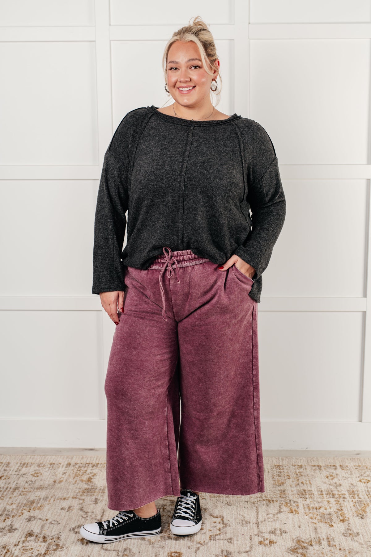 In or Out Wide Leg Cropped Pants in Eggplant - 12/18/2024