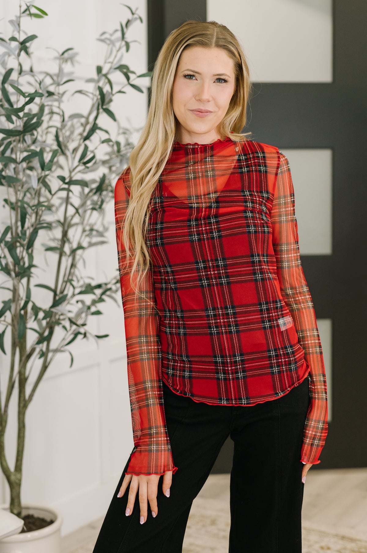 In the Present Plaid Mesh Layering Top in Red - 11/18/2025