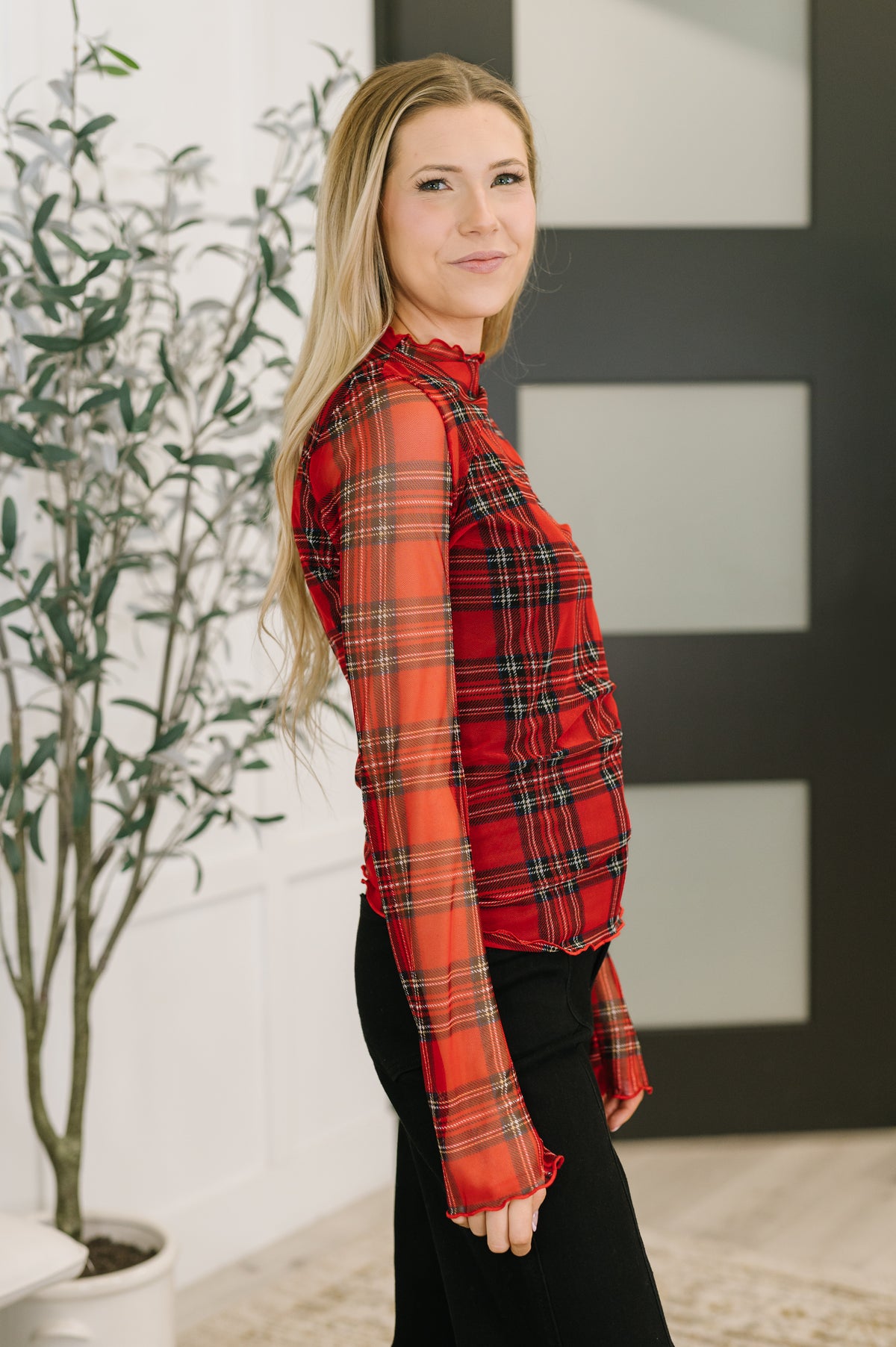 In the Present Plaid Mesh Layering Top in Red - 11/18/2025
