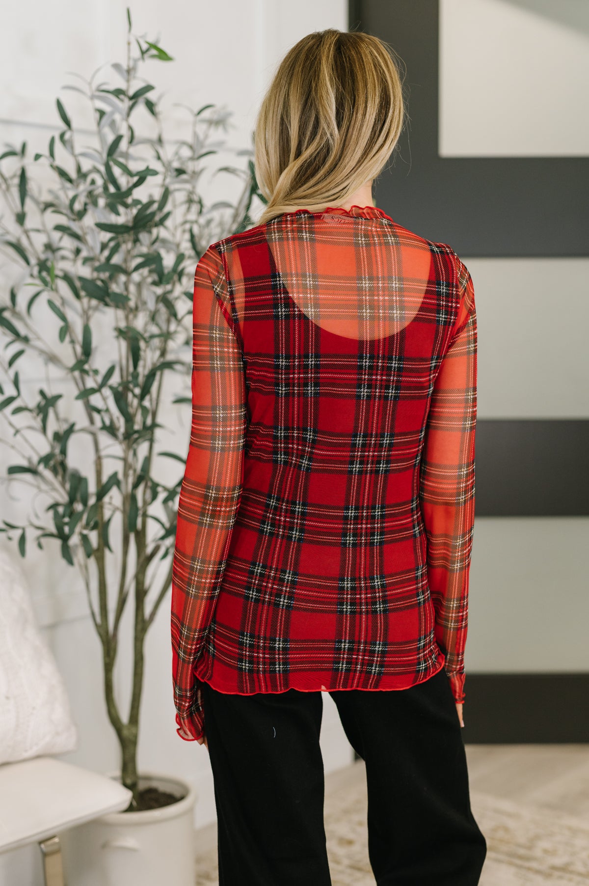 In the Present Plaid Mesh Layering Top in Red - 11/18/2025