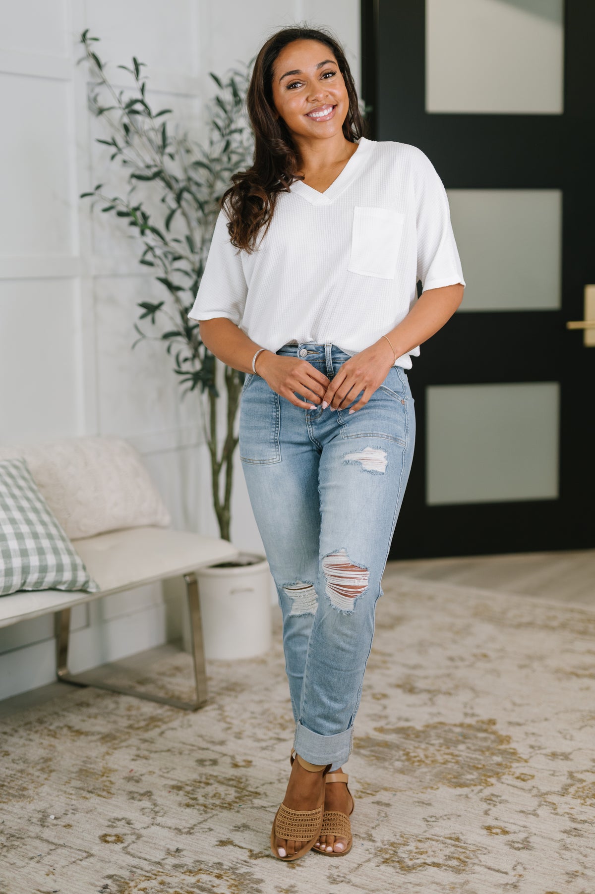 Aiden High Rise Patch Pocket Distressed Boyfriend Jeans - 5/4/2026