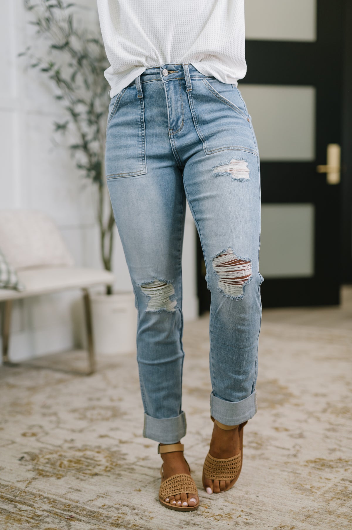 Aiden High Rise Patch Pocket Distressed Boyfriend Jeans - 5/4/2026
