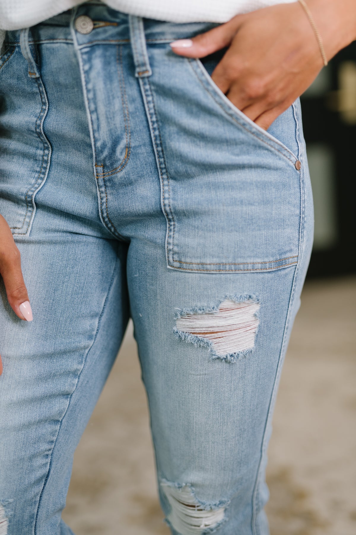 Aiden High Rise Patch Pocket Distressed Boyfriend Jeans - 5/4/2026