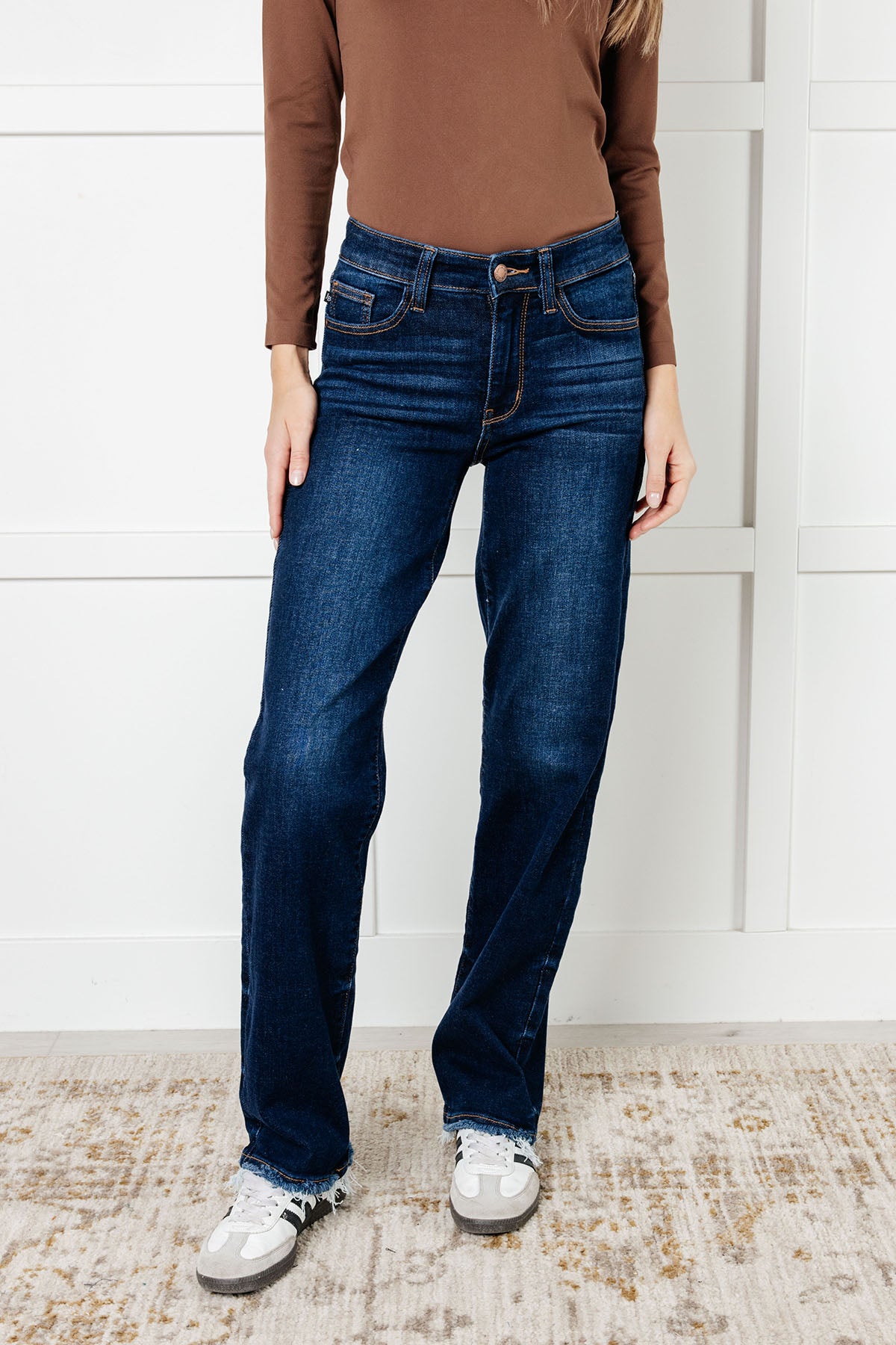 Jacqueline Mid Rise Frayed Hem Straight Leg Jean - 12/18/2024