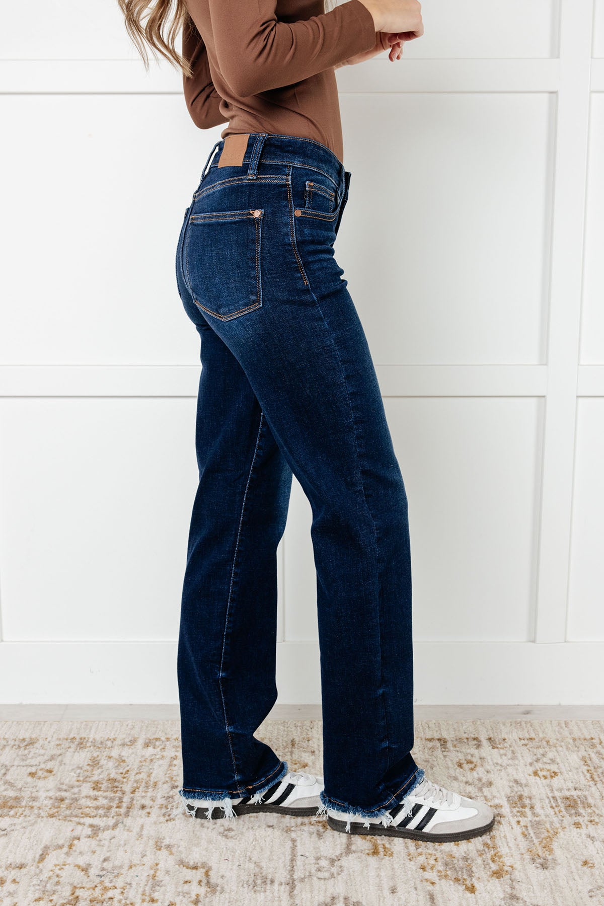 Jacqueline Mid Rise Frayed Hem Straight Leg Jean - 12/18/2024