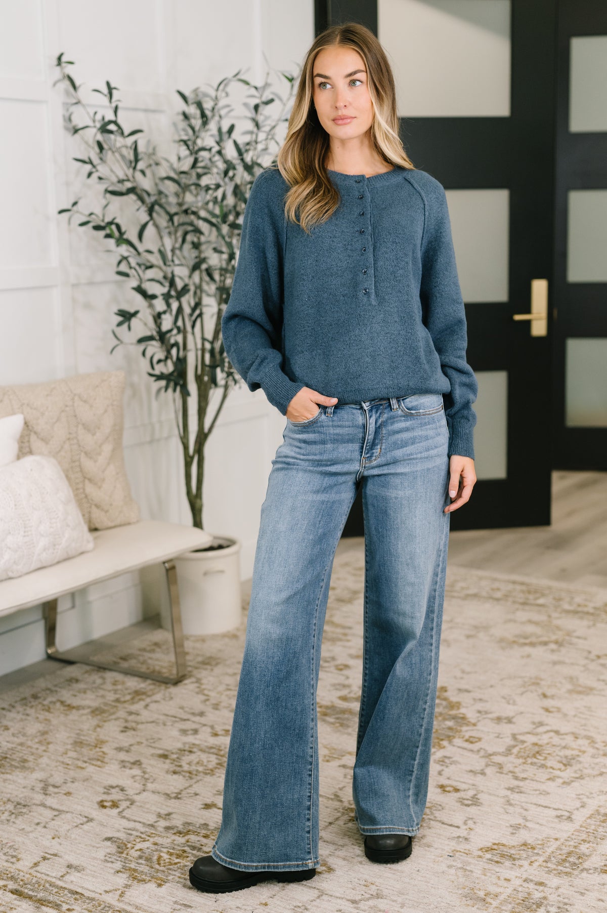 Just For Me Henley Brushed Pullover in Dusty Blue - 8/12/2026