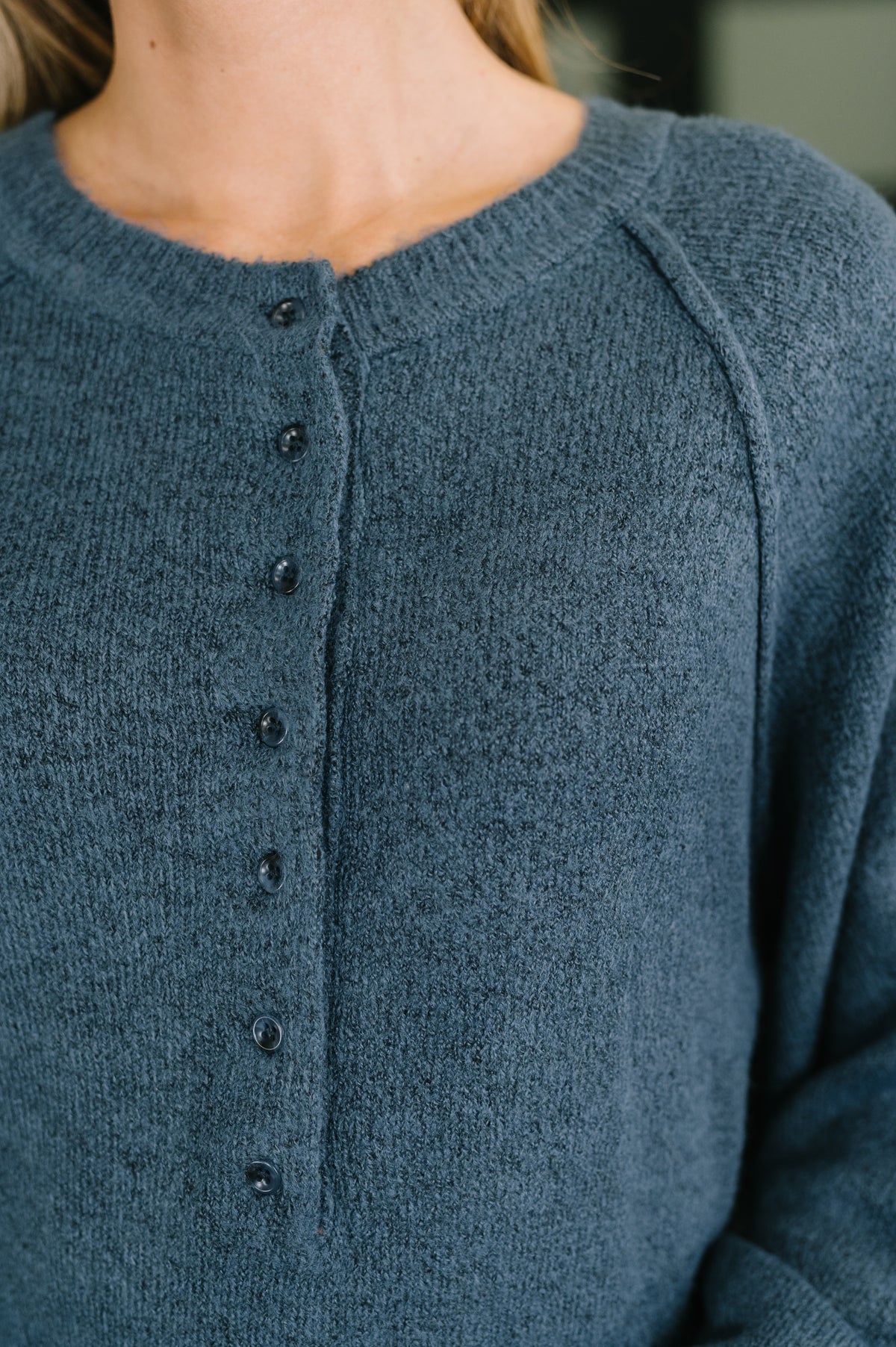 Just For Me Henley Brushed Pullover in Dusty Blue - 8/12/2026