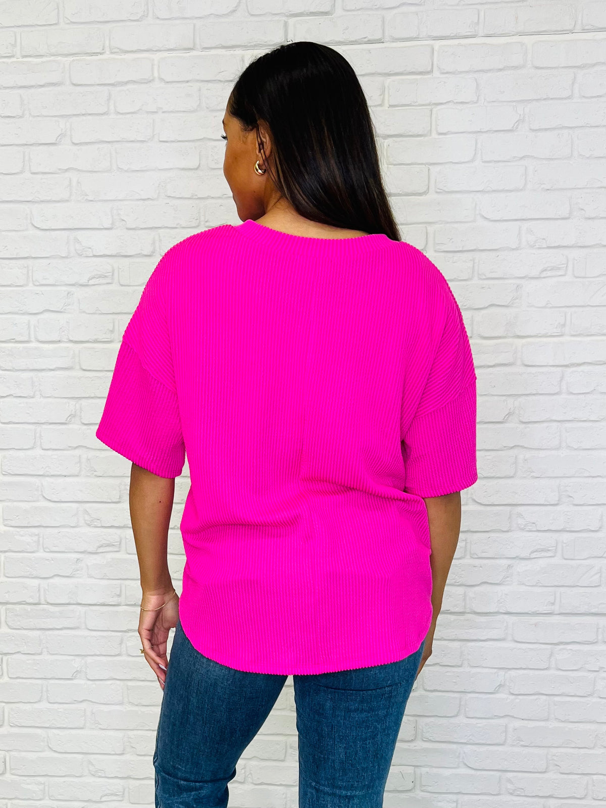 Just a Casual Girly V-Neck Basic Tee in Fuchsia - 3/7/2025